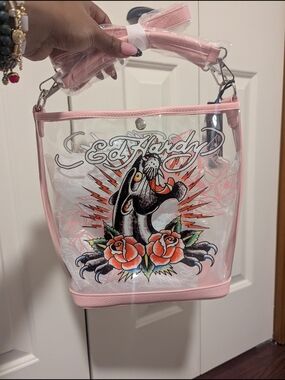Ed Hardy Clear Bucket Tote with Pink Trim and Panther Rose Graphic